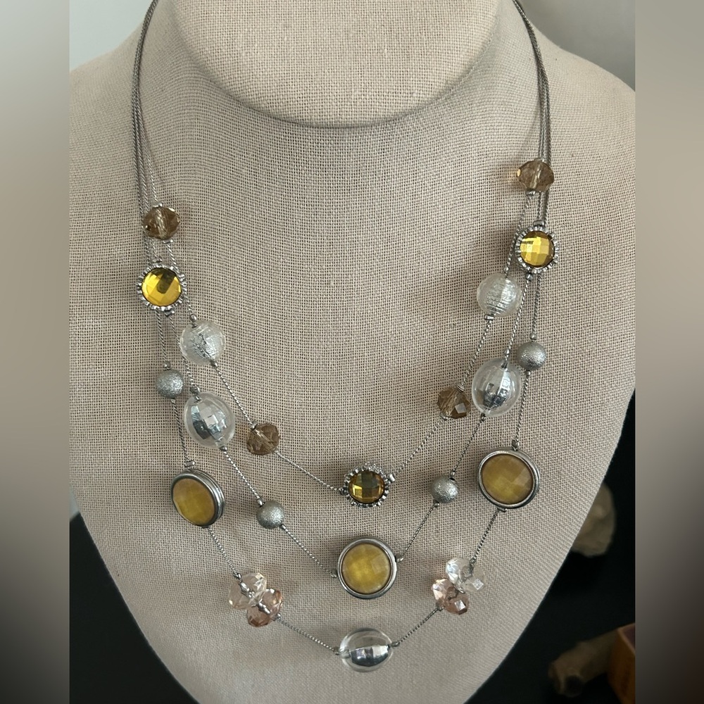 Vintage NY Honey Glass & Silver Floating Beads Multi Strand Bib Necklace